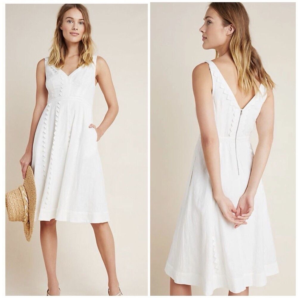 Anthropologie Brighton White Dress Size 2P Fit Flare Cotton Sleeveless Midi